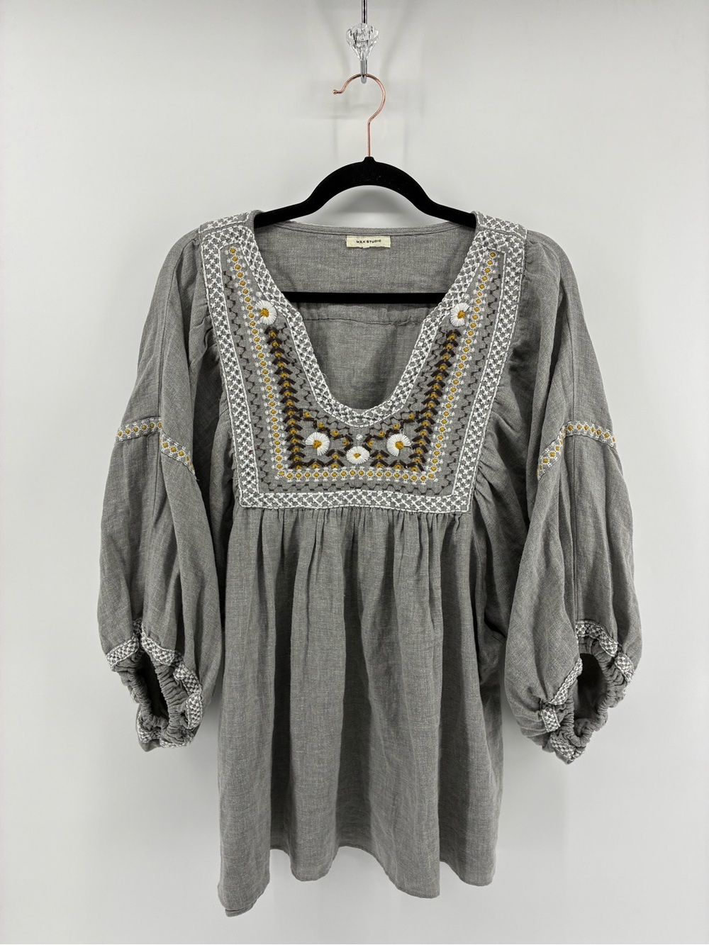 Max Studio Grey Embroidered Scoop-Neck Peasant Blouse